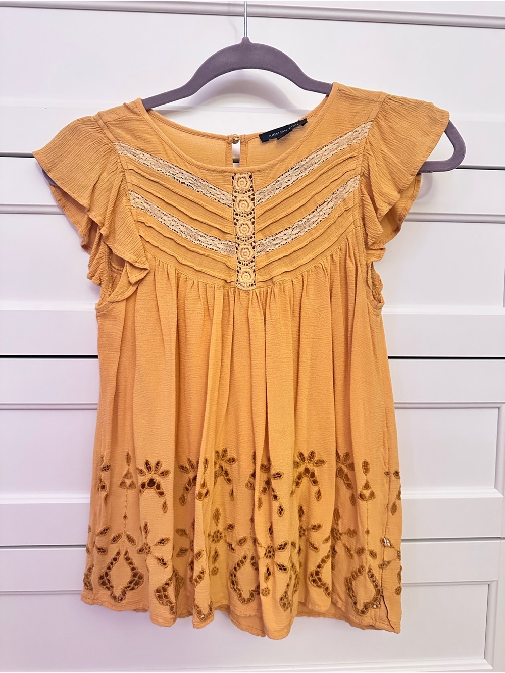 American Eagle Outfitters Mustard Yellow Crochet-Trim Flutter Blouse Top